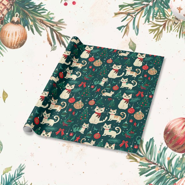 Niedliche Retro-Katzen auf schwarzen Weihnachten Geschenkpapier (Cute Retro Cats Black Christmas wrapping paper roll)