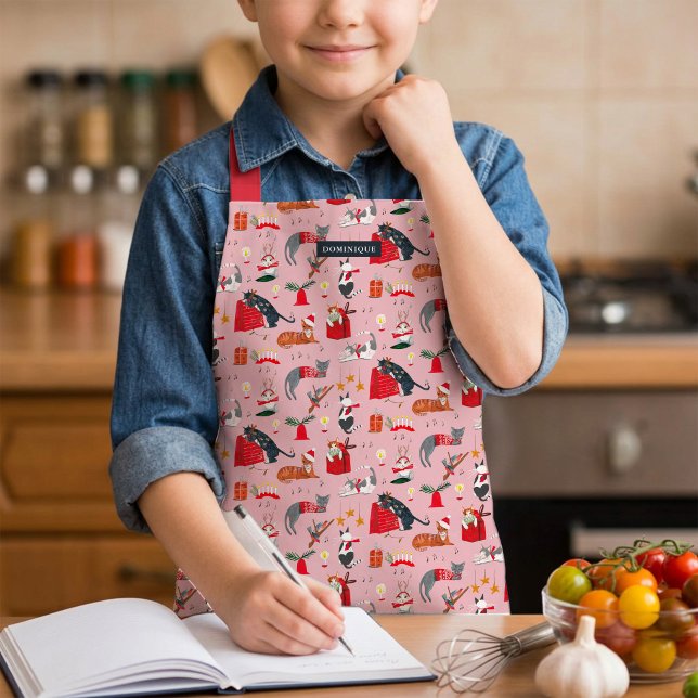 niedliche Retro-Katzen Muster rosa Weihnachtsfeier Schürze (Kids Christmas Cats Pink Holiday Baking Cooking Apron)