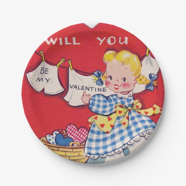 Niedliche retro Mädchen Valentine-Partyplatte Pappteller (Vorderseite)