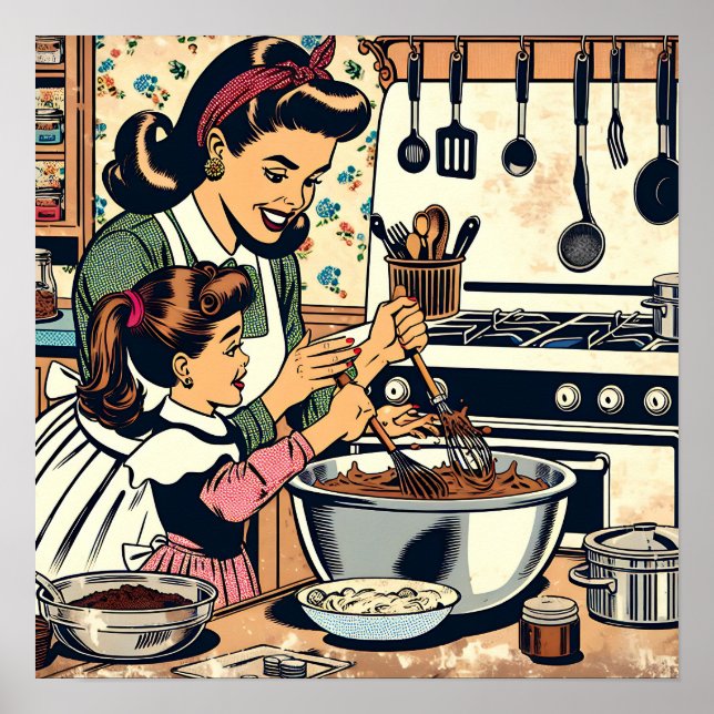 Niedliche Retro-Mama und Einzelbacken Poster (Vorne)