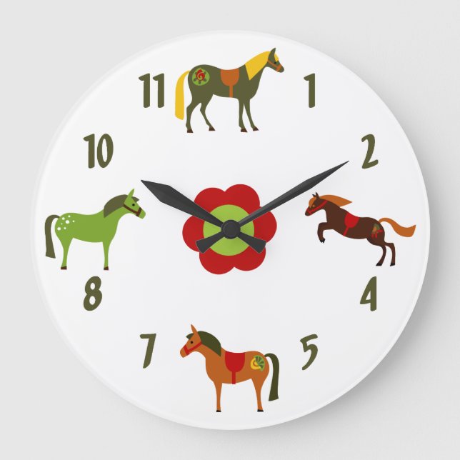 Niedliche Retro Ponys und Blume Pferd Große Wanduhr (Vorderseite)