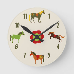 Niedliche Retro Ponys und Blume Pferd Runde Wanduhr