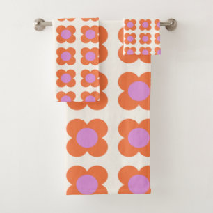 Niedliche Retro Pop Blume Muster Rosa und Orange Badhandtuch Set