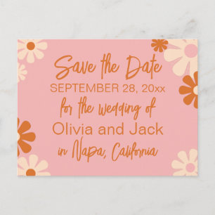Niedliche Retro-Rosa und Orange Save the Date Postkarte