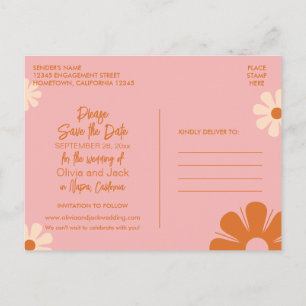 Niedliche Retro-Rosa und Orange Save the Date Postkarte