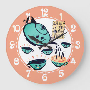 Niedliche Retro Teekanne Teebecher Dusche Große Wanduhr