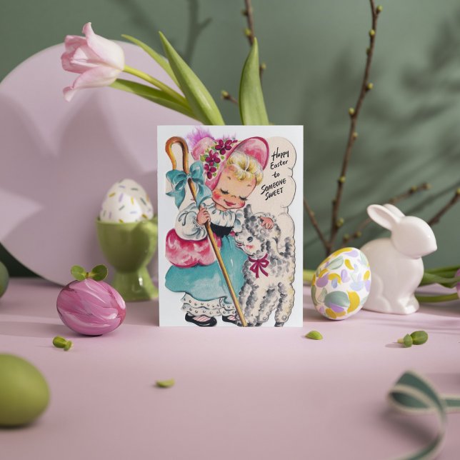 Niedliche Retro Vintag Ostermädchen hinzufügen Feiertagskarte (Von Creator hochgeladen)