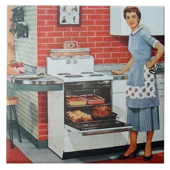 niedliche Retro-Vintage Kochfrau Fliese (Vorderseite)