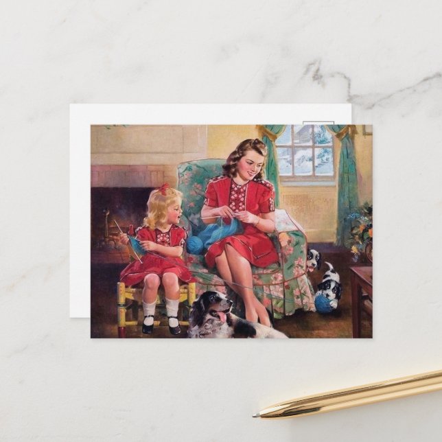 niedliche Retro-Vintage Strickliebhaber Postkarte (Vorderseite/Rückseite Beispiel)