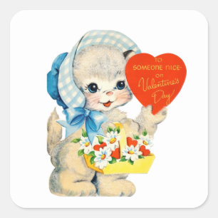 Niedliche Retro-Vintage Valentinkatze Quadratischer Aufkleber