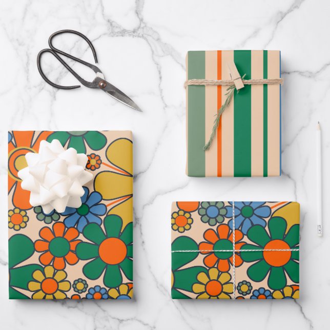 Niedliche Retro Vintage Whimsikäre Blume & Streife Geschenkpapier Set (Vorderseite)