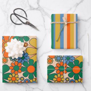 Niedliche Retro Vintage Whimsikäre Blume & Streife Geschenkpapier Set