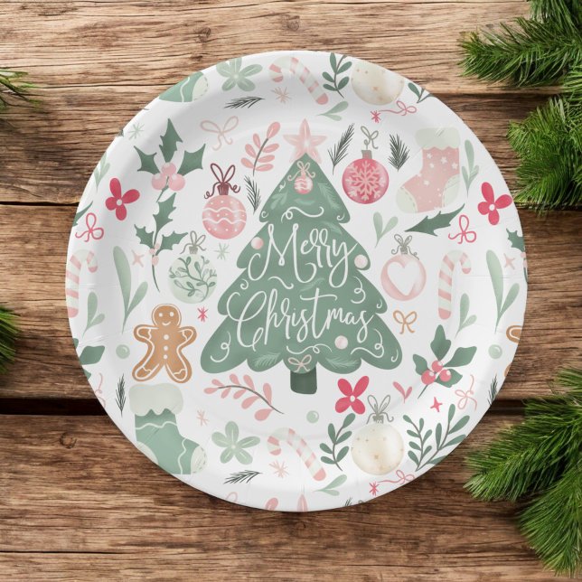 Niedliche Retro Weihnachtsgeschenke Illustration M Pappteller (Cute retro Christmas things Illustration Pattern Paper Plates)
