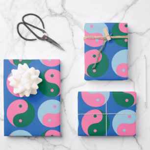 Niedliche Retro Yin Yang Muster Blau Grün Geschenkpapier Set