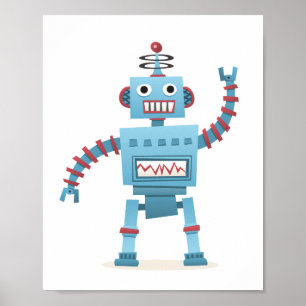 Niedliche Retroboter android Kinder Cartoon Wandku Poster