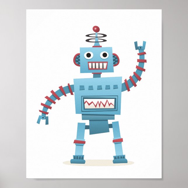 Niedliche Retroboter android Kinder Cartoon Wandku Poster (Vorne)