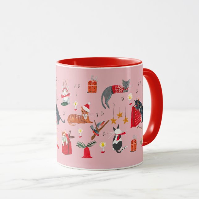 Niedliche Retrokat Rosa Weihnachtsmuster Tasse (VorderseiteRechts)
