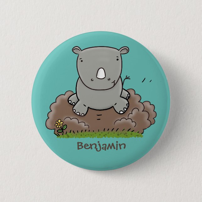 Niedliche Rhino-Cartoon-Abbildung Button (Vorderseite)