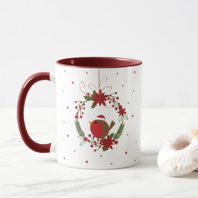 Niedliche Robin Weihnachtskranz-Dekoration Tasse (Mit Donut)
