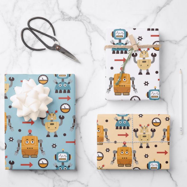 Niedliche Roboter Geschenkpapier Set (Vorderseite)