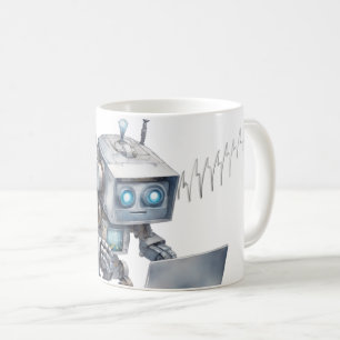 Niedliche Roboterkodierung mit einem Laptop Kaffeetasse