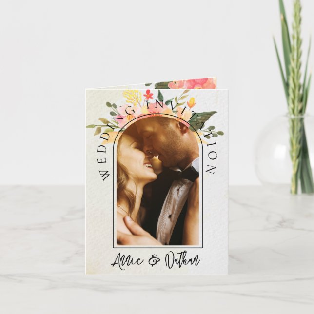 Niedliche romantische Blumenschrift 2 Foto Hochzei Einladung (Vorderseite)