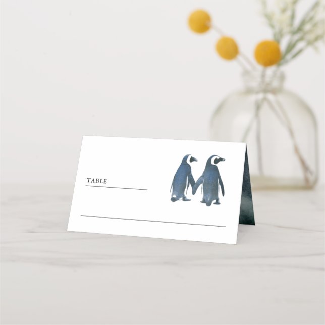 Niedliche romantische Pinguinalhochzeit Platzkarte (Vorderseite)