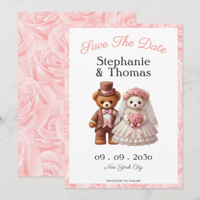 Niedliche romantische Teddybärengroom und Brauthoc Save The Date (Vorne/Hinten)