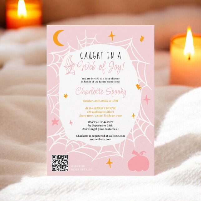 Niedliche Rosa-Babydusche im Halloween-Spinnennetz Einladung (Spooky Halloween Spider web cute pink baby shower Invitation)