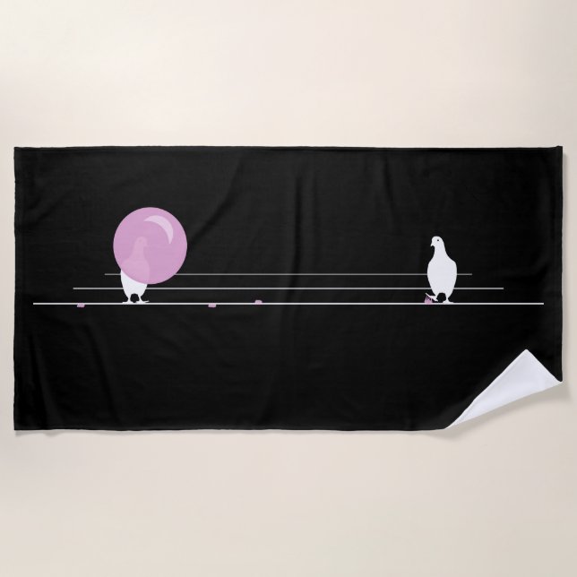 Niedliche Rosa-Blase-Birds auf einem Drahtschwarz Strandtuch (Vorderseite)