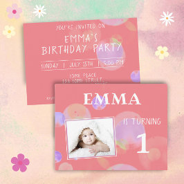 Niedliche Rosa Blasen 1 Geburtstag Party Foto Einladungspostkarte