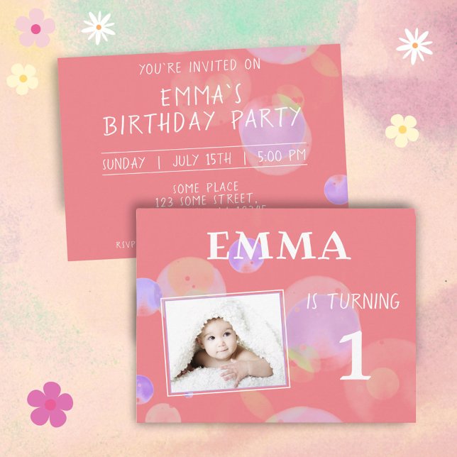 Niedliche Rosa Blasen 1 Geburtstag Party Foto Einladungspostkarte (Von Creator hochgeladen)