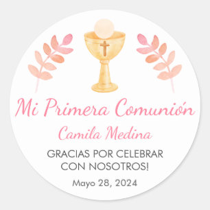 Niedliche rosa Blätter in Spanisch Erste Kommune Runder Aufkleber