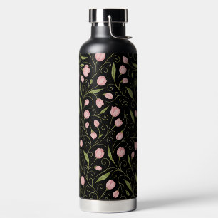 Niedliche, rosa Blume auf schwarz mit sich wiederh Trinkflasche