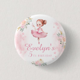 Niedliche rosa Blumenballerina Geburtstagskarte Button