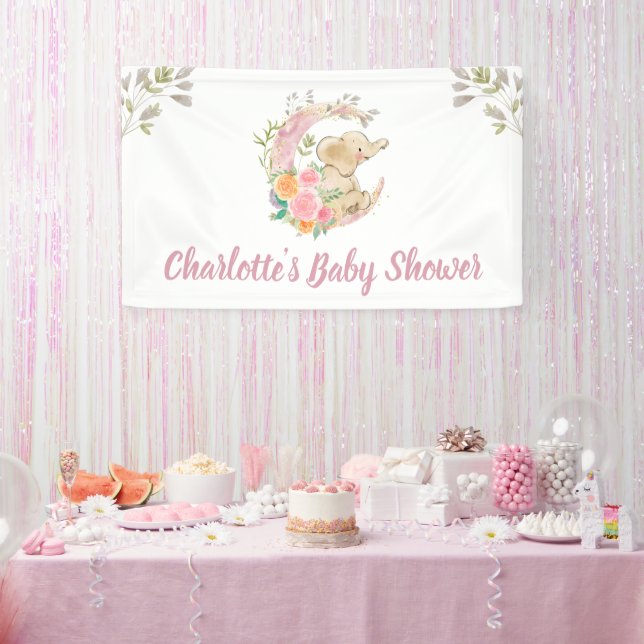 Niedliche Rosa Blumenmoon Girl Elephant Babydusche Banner (Party)
