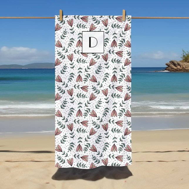 Niedliche Rosa Blumenmuster Blume Muster Ihr Name  Strandtuch (Cute Pink Floral Flowers Pattern Your Name On Beach Towel)
