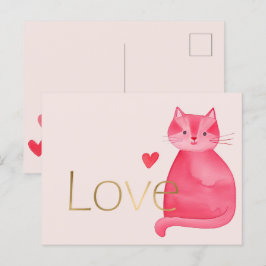 Niedliche Rosa Cat Hearts Gold Liebe Postkarte