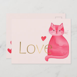 Niedliche Rosa Cat Hearts Gold Liebe Postkarte