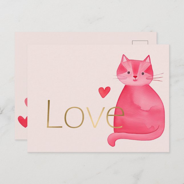 Niedliche Rosa Cat Hearts Gold Liebe Postkarte (Vorne/Hinten)