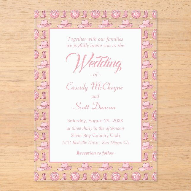 Niedliche Rosa Cowgirl Country Wedding Acryleinladungen (Vorderseite)