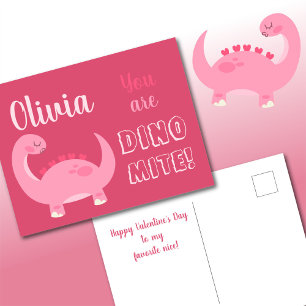 Niedliche Rosa-Dinosaurier-Girl Valentine's Day Di Feiertagspostkarte