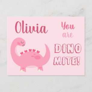 Niedliche Rosa-Dinosaurier-Girl Valentine's Day Di Postkarte