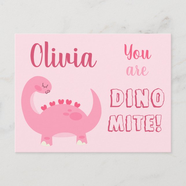 Niedliche Rosa-Dinosaurier-Girl Valentine's Day Di Postkarte (Vorderseite)