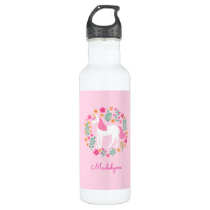 Niedliche Rosa Einhorn-Blume Personalisiert Name Edelstahlflasche