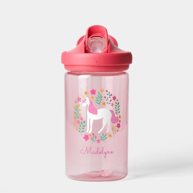 Niedliche Rosa Einhorn-Blume Personalisiert Name Trinkflasche (Vorne)