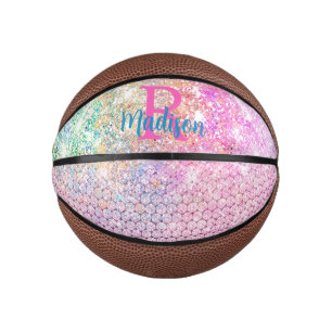 Niedliche Rosa Einhorn-Imitat Glitzer-Monogramm Mini Basketball