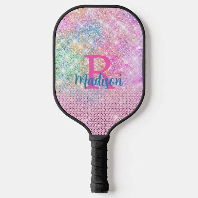 Niedliche Rosa Einhorn-Imitat Glitzer-Monogramm Pickleball Schläger (Vorderseite)