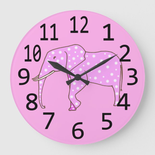 Niedliche rosa Elephant White Polka Dots Wall Cloc Große Wanduhr (Vorderseite)