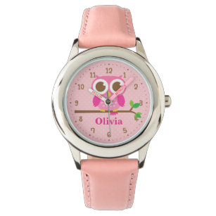 Niedliche rosa Eule auf Zweigmädchen Personalisier Armbanduhr